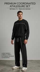 Conjunto Deportivo Casual de Invierno Unisex Personalizado de Felpa Francesa Gruesa de Dos Piezas con Ribete Blanco, Sudadera y Pantalones Anchos - Product Image 2