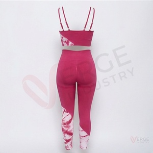 Women Pink Seamless Yoga Set 2 Piece <b>Tie</b> Dye Print Crop <b>Top</b> High <b>Waist</b> Leggings Spaghetti Strap - Product Image 2