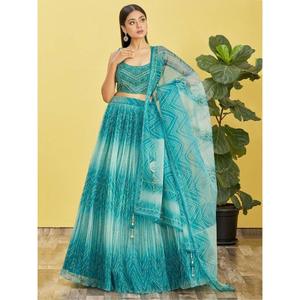 Impresionantes vestidos de recepción de organza bordados en azul Lehenga Choli - Product Image 6