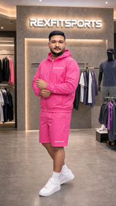 Ensemble de survêtement rose à capuche pour homme REXFITSPORTS, manches longues, fermeture éclair, short léger en polyester, vêtements de sport décontractés pour l'été - Product Image 2