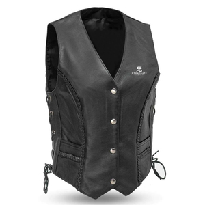 <b>Women</b> Genuine Leather Motorcycle <b>Waistcoat</b> Biker Vest Vintage Slim Fit Sleeveless Outerwear Pockets Casual Fashion Windproof - Product Image 1