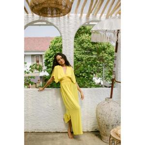 Vestido Maxi Elegante Amarillo para Mujer, 100% Algodón Ecológico, Cuello en V Profundo, Manga Abullonada, Estilo Boho Casual para Playa o Fiesta de Verano - Product Image 2
