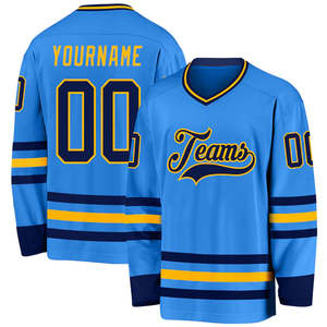Maillot de hockey sur glace personnalisé unisexe bleu clair marine jaune, impression par sublimation, col en V, manches longues, évacuation de l'humidité, respirant, anti-UV - Product Image 2