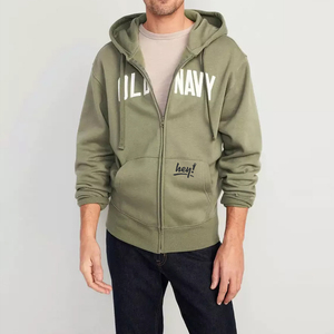 Sweat-shirt à capuche vert olive pour homme, coupe classique, en polaire, décontracté, avec fermeture éclair et poches, idéal pour l'hiver, brodé, uni teint - Product Image 1