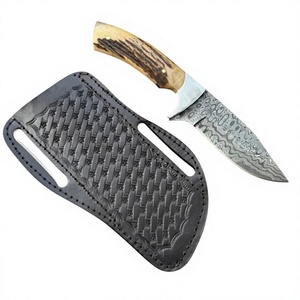 Cuchillo de caza hecho a mano de acero de Damasco, hoja fija con punta caída, mango de asta, filo recto, 0.6mm de grosor - Product Image 6