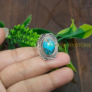 แหวนพลอยเทอร์ควอยซ์สีน้ำเงินธรรมชาติ แหวนเงินแท้ 925 ดีไซน์ทำมือ แหวนสัญญา แหวนเด่น แหวนเครื่องประดับเทอร์ควอยซ์ - Product Image 5