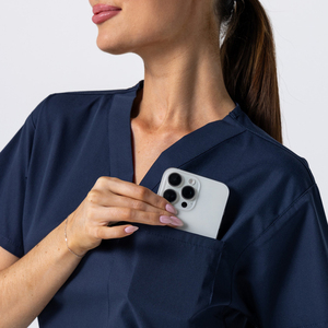 Women's Navy Blue Medical <b>Scrub</b> <b>Top</b> V Neck Short Sleeve Nursing Uniform Healthcare Workwear with Multi Pockets OEM ODM - Product Image 3