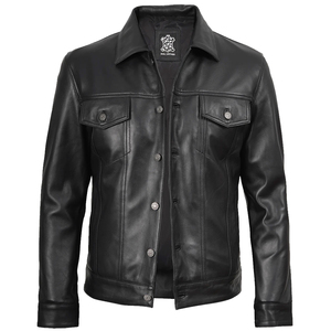 Veste de luxe pour homme en cuir véritable, coupe ajustée, en peau de mouton véritable, noire, style camionneur, boutonnée, vintage, décontractée, manteau d'extérieur, vente en gros - Product Image 3