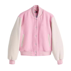 Blouson universitaire court pour femme en similicuir avec manches en similicuir, patchs en chenille et lettres, style streetwear premium, vente en gros, personnalisable - Product Image 2