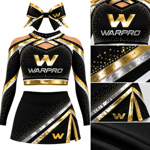 ชุดยูนิฟอร์มเชียร์ลีดเดอร์ WARPRO สีดำ ทอง เงิน ประดับด้วยคริสตัล พิมพ์ลายแบบ Sublimation เสื้อครอปแขนยาว กระโปรง สำหรับผู้ใหญ่ ผู้หญิง - Product Image 3