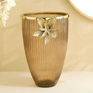 Florero de Vidrio Acanalado Dorado de Lujo, Centro de Mesa Decorativo Minimalista Hecho a Mano, Resistente al Óxido, para el Hogar - Product Image 1