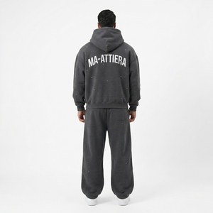 Conjunto Deportivo para Hombre con Capucha, Cierre Completo, Color Gris Sólido, Estampado de Letras, Corte Holgado, Estilo Urbano, Sudadera y Pantalones Transpirables de Algodón - Product Image 4