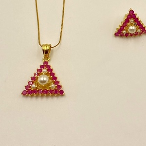 Low MOQ Triangle <b>Ruby</b> Pearl Pendant <b>Necklace</b> Set 22K Gold Plated Brass Jewelry Matching Stud Earrings Wedding Jewelry - Product Image 3