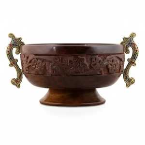 Premium Wooden Bowl with Antique Metal Handles Serving Bowl Home Decor Bowl & Kitchen Serving Bowl - Product Image 1