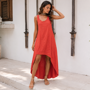 Women's Rust Orange Linen Sleeveless High Low Midi <b>Dress</b> Casual Summer Beach Vacation <b>Loose</b> Fit Boho Elegant Lightweight <b>Dress</b> - Product Image 4