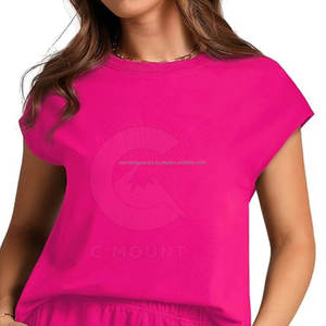 Ensemble de shorts de sport en denim de coton imprimé personnalisé rose pour femmes, 2 pièces, col rond, manches courtes, tricoté, décontracté, printemps-été, respirant - Product Image 6
