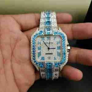 Montre tendance à cadran carré romain, moissanite, bicolore bleu et blanc, entièrement sertie de diamants, mouvement japonais, acier inoxydable - Product Image 5