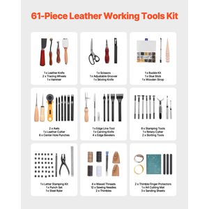 Kit di 61 Utensili per Lavorazione Pelle con Borsa Portatile in Tela per Incisione, Cucitura, Stampaggio e Levigatura - Product Image 2