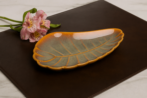 <b>Ceramic</b> Leaf-Shaped Serving <b>Plate</b> Handmade Oriental Design Plant Pattern Dish for Snacks and Pasta Party Use - Product Image 2