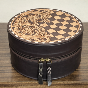 Boîte de rangement pour bijoux ronde en cuir de vache véritable artisanal à carreaux avec motif floral gravé, coffret à bijoux, cadeau pour femmes - Product Image 4