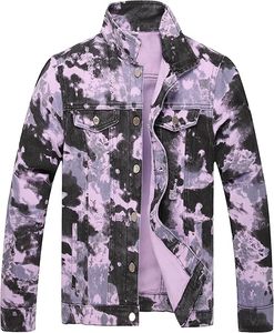 <b>Men's</b> Purple Camouflage Denim <b>Jacket</b> Turn-down Collar Slim Fit Single Breasted Button Closure Casual Autumn Wear - Product Image 1