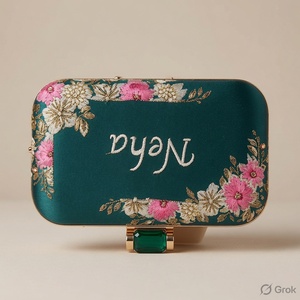 Pochette élégante brodée florale et perlée avec rabat, personnalisable avec le nom Neha, faite à la main pour mariage, capacité 1-1,9L, toutes saisons - Product Image 3