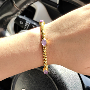 Natural Amethyst Labradorite Cuff <b>Bracelet</b> 18k Gold Plated Twisted Cable Texture Open Bangle Artisan Gemstone Adjustable Jewelry - Product Image 2