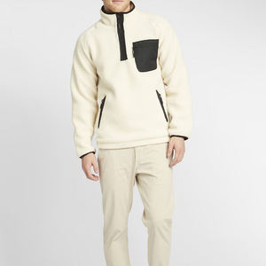 Men's Cream Fleece Pullover 1/4 Zip Sweater With Black Contrast Pocket Autumn Wear - Product Image 5