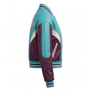 Turquoise Maroon <b>Women</b> Genuine <b>Leather</b> <b>Bomber</b> Varsity <b>Jacket</b> Custom Three Tone Chevron Ribbed Outerwear OEM Factory Supplier - Product Image 3