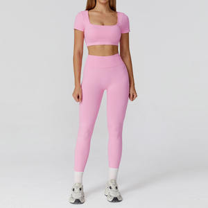 Ensemble de vêtements de sport pour femmes, uni, longueur cheville, taille haute, sans couture, respirant, extensible, avec taille élastique, pour le yoga et la gym, vente en gros - Product Image 3