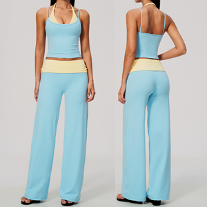 Women 2 Piece Yoga Set High Waist Solid Color Seamless Crop Top Wide Leg <b>Pants</b> <b>Spandex</b> Polyester Breathable - Product Image 1