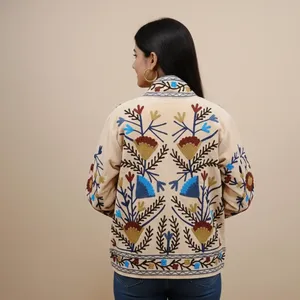 Veste en coton crème pour femmes, brodée Suzani, florale, bohème, ethnique, faite à la main, vintage, décontractée - Product Image 4