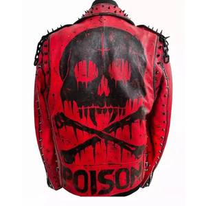 Veste d'hiver en cuir de vachette rouge et toile, écologique, anti-UV, coupe-vent, avec chaînes et clous, style motard pour homme, Eoin Winston Sports - Product Image 3