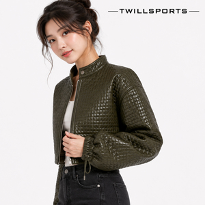 2026 Autumn Women's Stand Collar Quilted PU Jacket Coat Long Sleeve <b>Zipper</b> with Cool Lapel Leather Breathable Casual Short Jack - Product Image 3