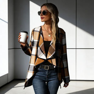 Oferta especial en cárdigan a cuadros de moda Temu para mujer, con cuello en cascada, manga larga, para uso diario en otoño. - Product Image 1