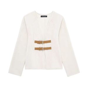TRAFZA Retro cuero hebilla abrigo de lana mujer moda sólido cuello en V manga larga Beige chaqueta otoño primavera Chic Streetwear - Product Image 1