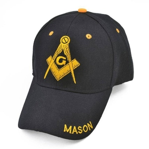 Casquette de baseball Premium Master Mason Blue Lodge noire avec broderie dorée du carré et de la boussole, ajustable - Product Image 3