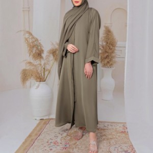 Olive Green <b>Abaya</b> Long Sleeve Floor Length Modest <b>Dress</b> For Women Solid Polyester Daily Wear Middle East Style - Product Image 3