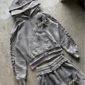 Premium Cotton Fleece Winter <b>Oversized</b> Hoodie Stacked Sweatpants Set Unisex Custom Logo Printed Baggy <b>Jogger</b> Tracksuit Men - Product Image 3