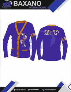 Suéter Cárdigan de la Hermandad Sigma Gamma Rho, Tejido Azul Rey con Rayas Amarillas y Logotipo Bordado SGR, Ropa de Hermandad Griega - Product Image 4