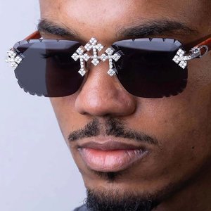 Lunettes de soleil de luxe sans monture carrées, incrustées de cristaux, avec branches en bois légères, unisexe, tendance pour les fêtes, le quotidien et les activités de plein air - Product Image 2