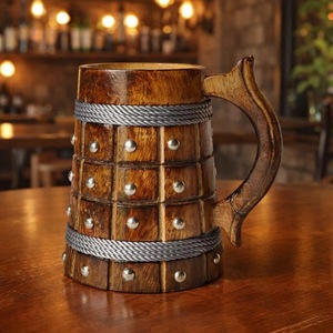 Handmade Wooden Viking Mug With Metal Bands And Rivets Antique Round Shape Durable Home Decoration - Product Image 1