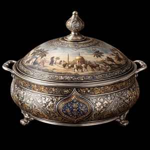 Plat à gratin en métal peint à la main de qualité supérieure avec couvercle, design artistique islamique, vaisselle de service pour hôtel et maison - Product Image 1