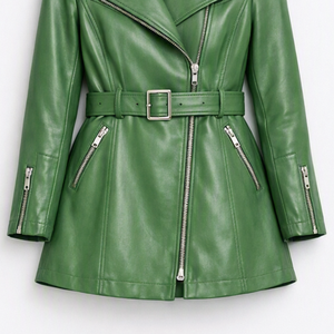 Chaqueta de Moto de Cuero PU Verde para Mujer, Manga Larga, Cierre de Cremallera, Cinturón, Cuello Abierto, Color Sólido, Ropa de Invierno - Product Image 5