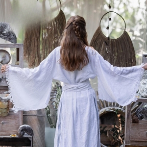 Robe Kimono en Lin Blanc pour Femme, Cardigan Long en Lin Style Bohème, Robe Kimono Légère d'Été, Coupe Décontractée, Robe en Lin Naturel - Product Image 4