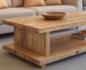 Table basse en bois artisanale, construction en bois massif, avec étagère de rangement inférieure, plateau épais et finition naturelle élégante - Product Image 3