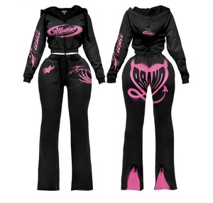 Oem/odm New Trending Vintage Acid Wash Sweatsuit Custom Print Streetwear <b>Zip</b> <b>up</b> Jacket Tracskuit <b>Crop</b> pink Hoodie Set for Women - Product Image 1