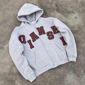 Sweat-shirt à capuche zippé unisexe Qianshi gris, décontracté, à carreaux, imprimé lettres, coupe classique, pour l'automne - Product Image 6
