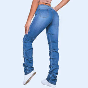 Jeans pour femmes à taille haute, logo personnalisé OEM, mode, grande taille, respirant, confortable, coupe slim, pantalon pour filles - Product Image 3
