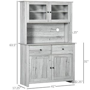 Armoire de rangement moderne gris cendre à 4 étagères avec portes vitrées 63,5 po et comptoir ouvert pour micro-ondes - Product Image 3